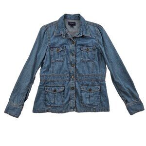 Chaps Denim Shacket Women's L Metal Logo Buttons Vintage EUC 4 Pockets Jacket